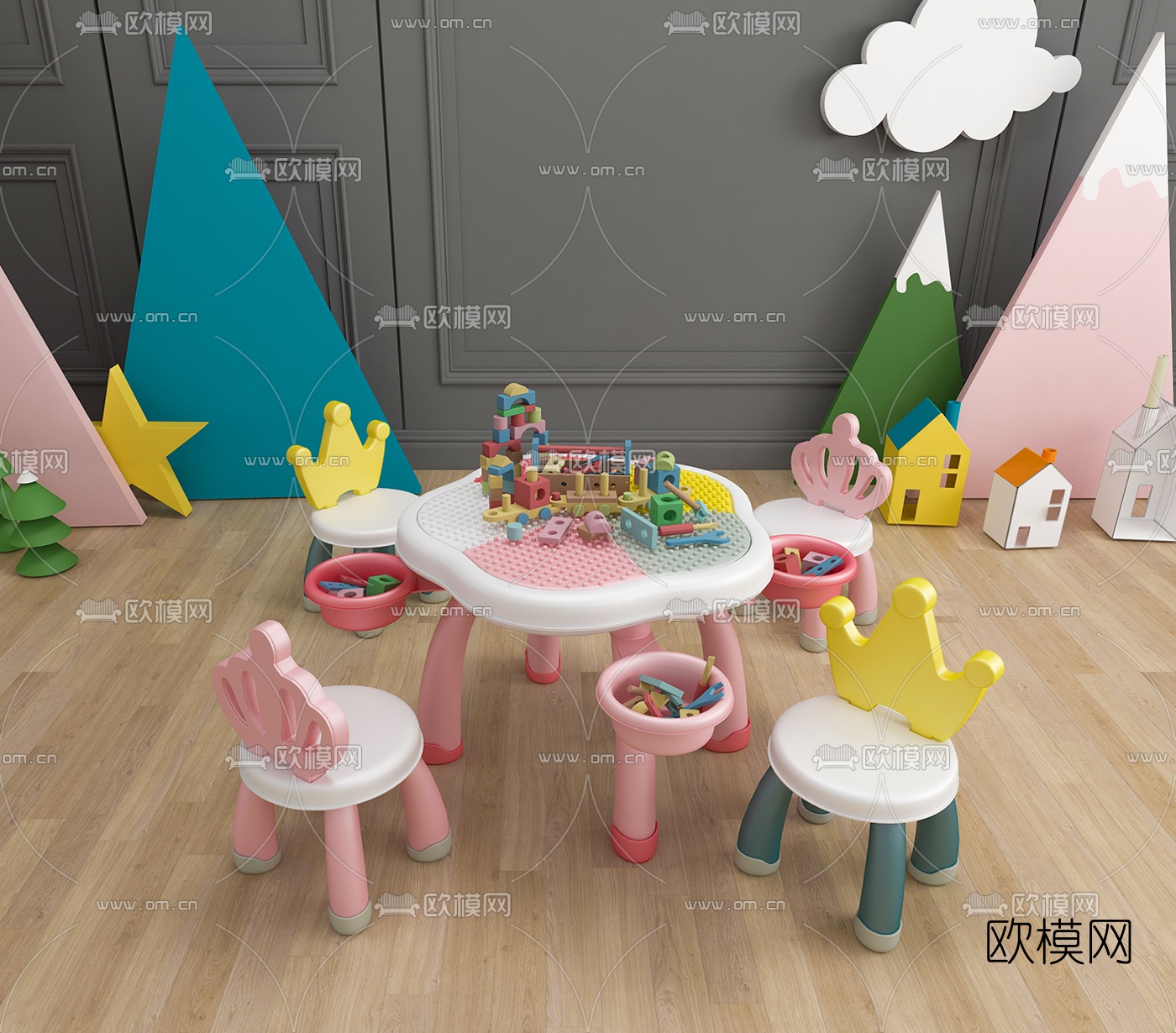 现代儿童玩具积木桌椅3d模型