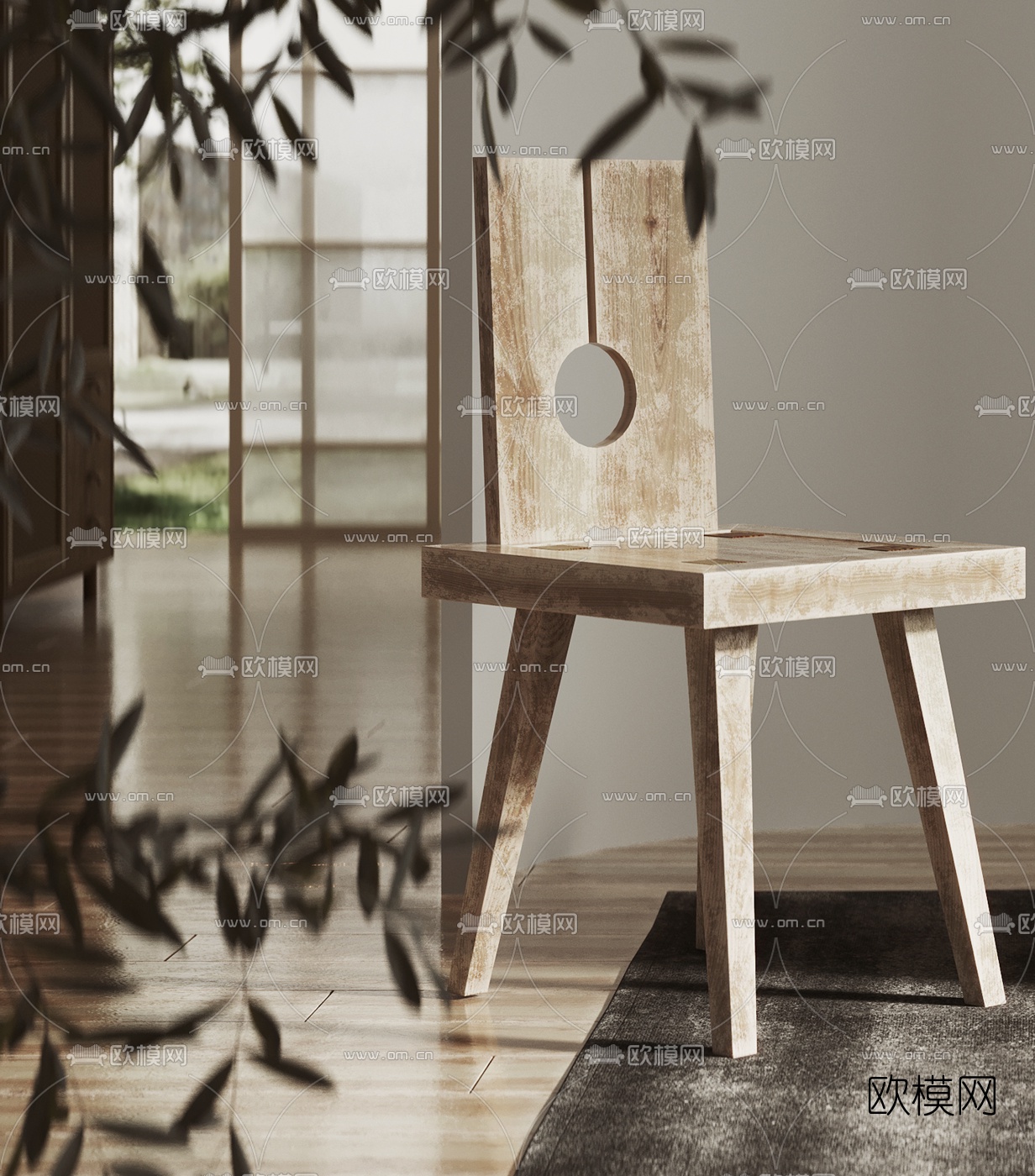 日式侘寂风靠背单椅3d模型下载（渲染图2）