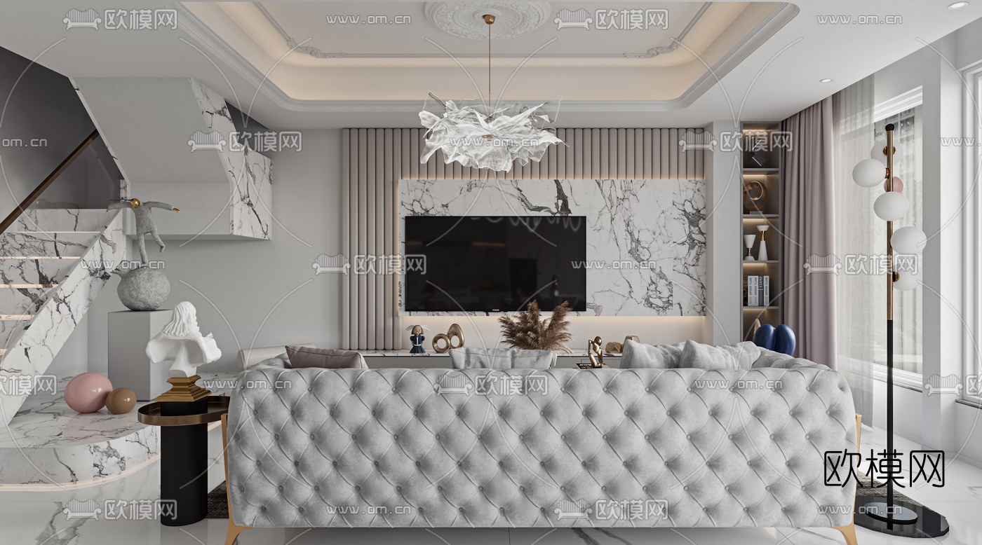 简欧复式轻奢客厅餐厅3d模型下载（渲染图3）