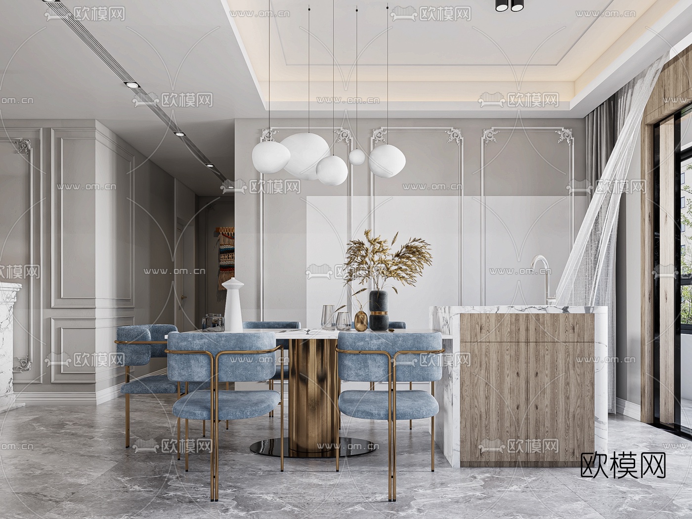 简欧客厅餐厅3d模型