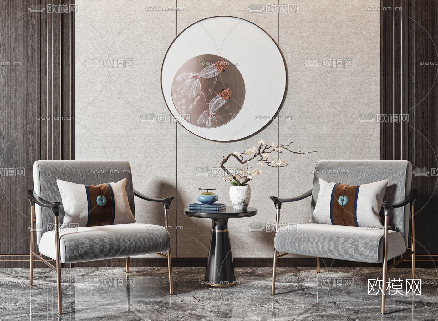 新中式沙发椅休闲椅3d模型下载