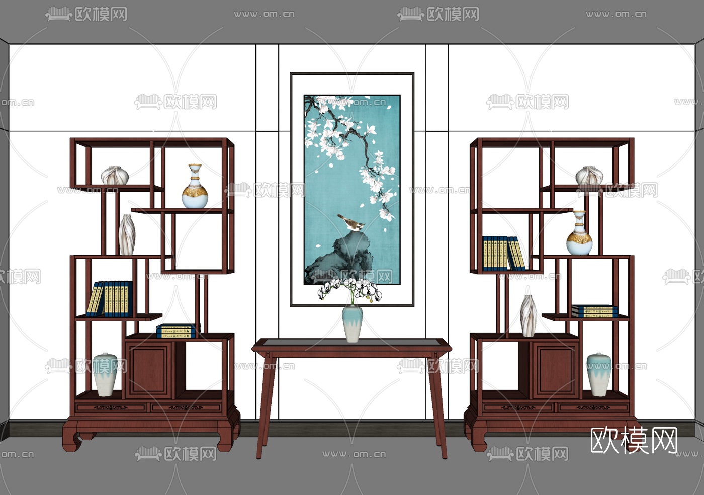 新中式实木博古架su模型下载（渲染图1）
