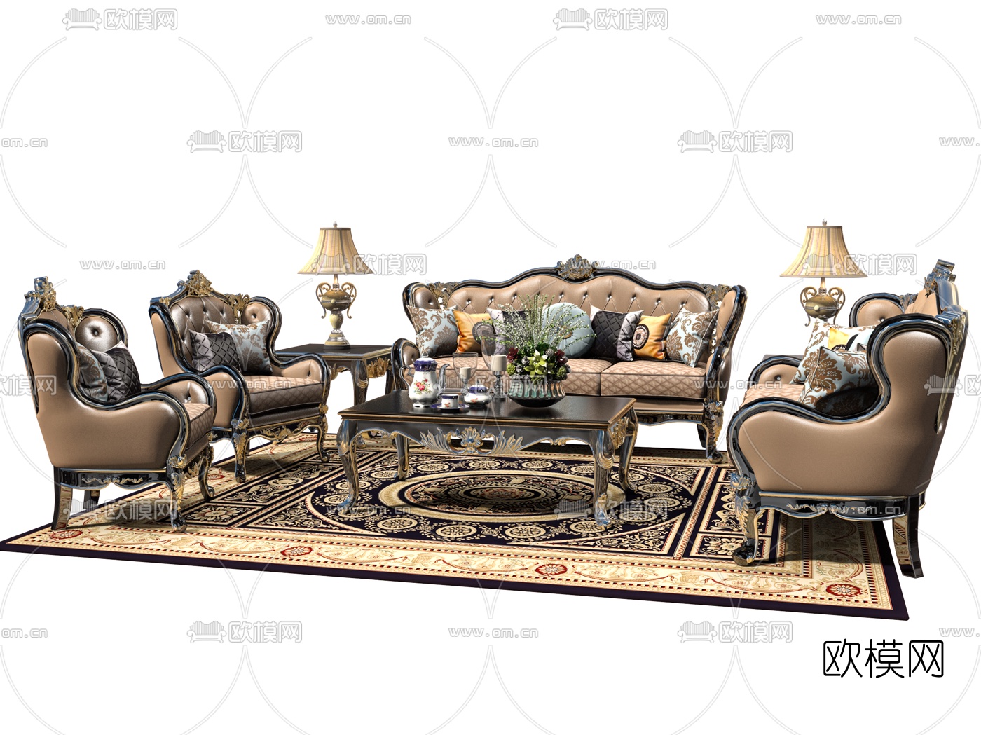 欧式古典皮革沙发组合3d模型下载（渲染图3）