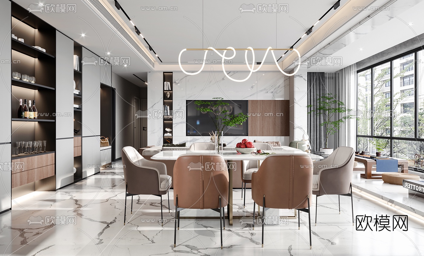 现代简约客厅餐厅3d模型下载（渲染图2）