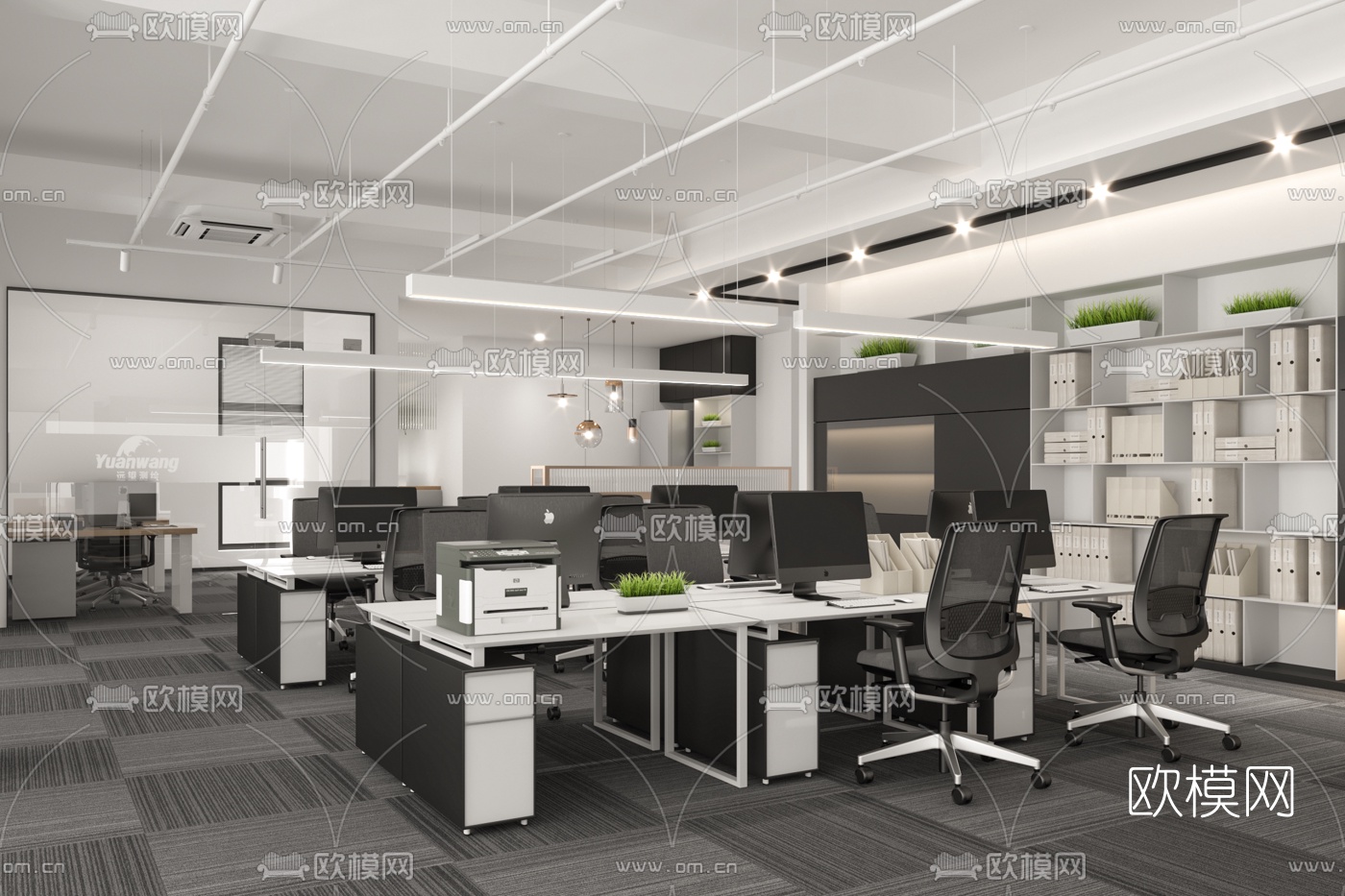 现代敞开式办公室3d模型下载（渲染图2）