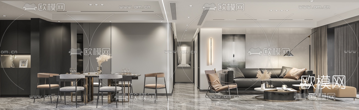 现代客厅餐厅3d模型