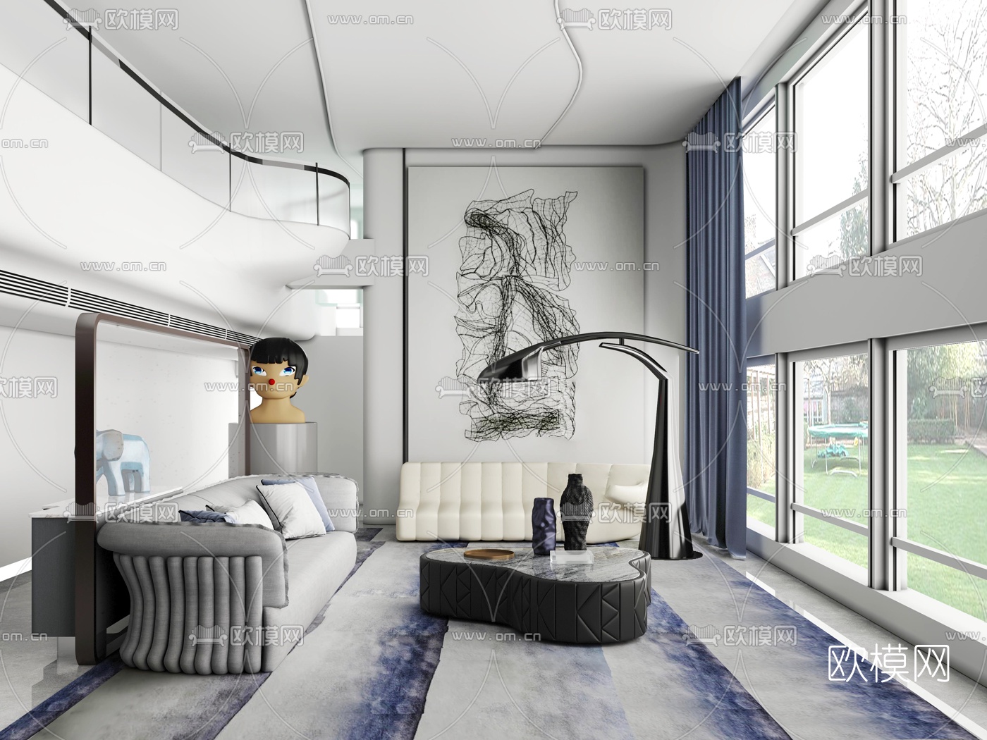 邱德光设计 现代别墅客厅3d模型下载（渲染图1）