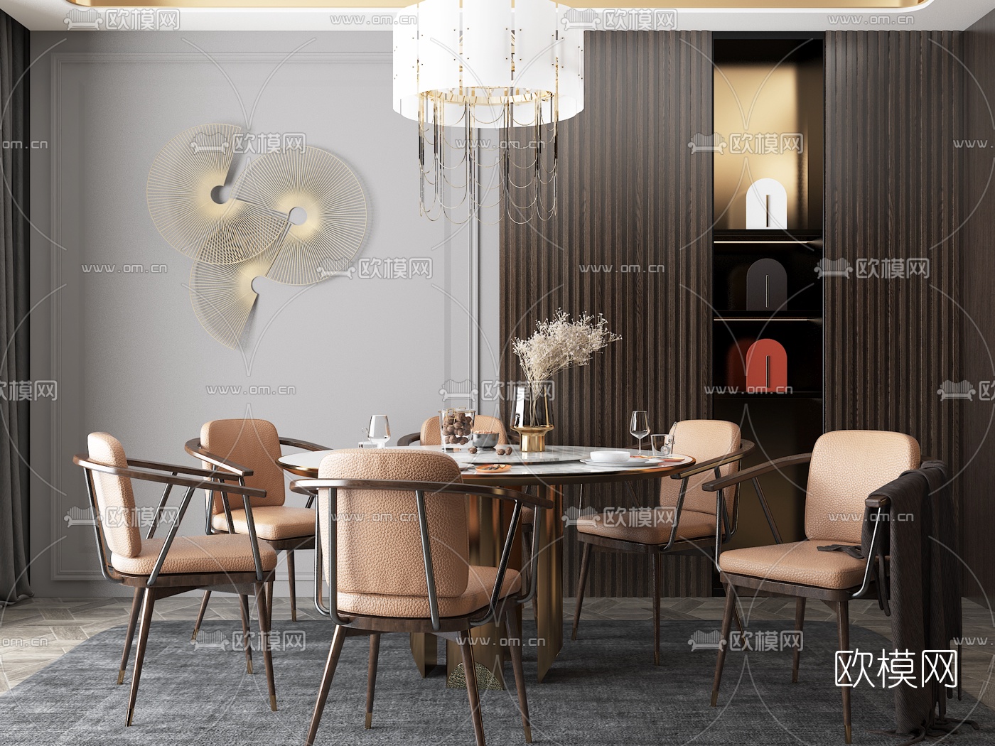 现代轻奢圆形餐桌椅3d模型下载