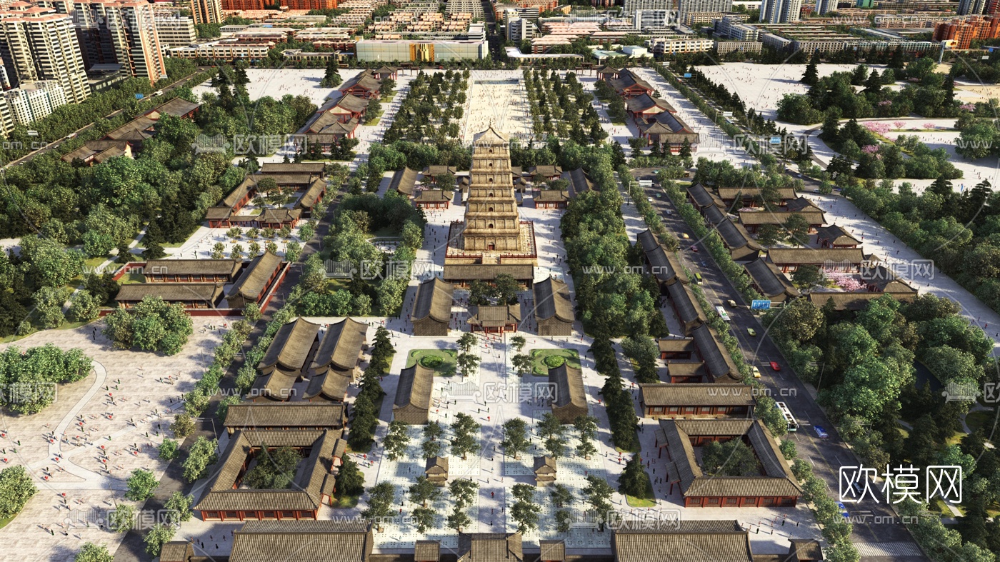中式西安古城鸟瞰3d模型下载