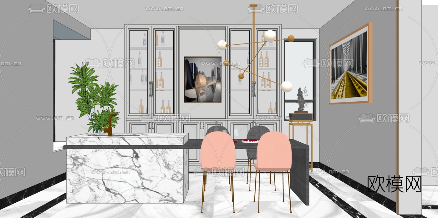 现代轻奢餐厅su模型下载（渲染图3）