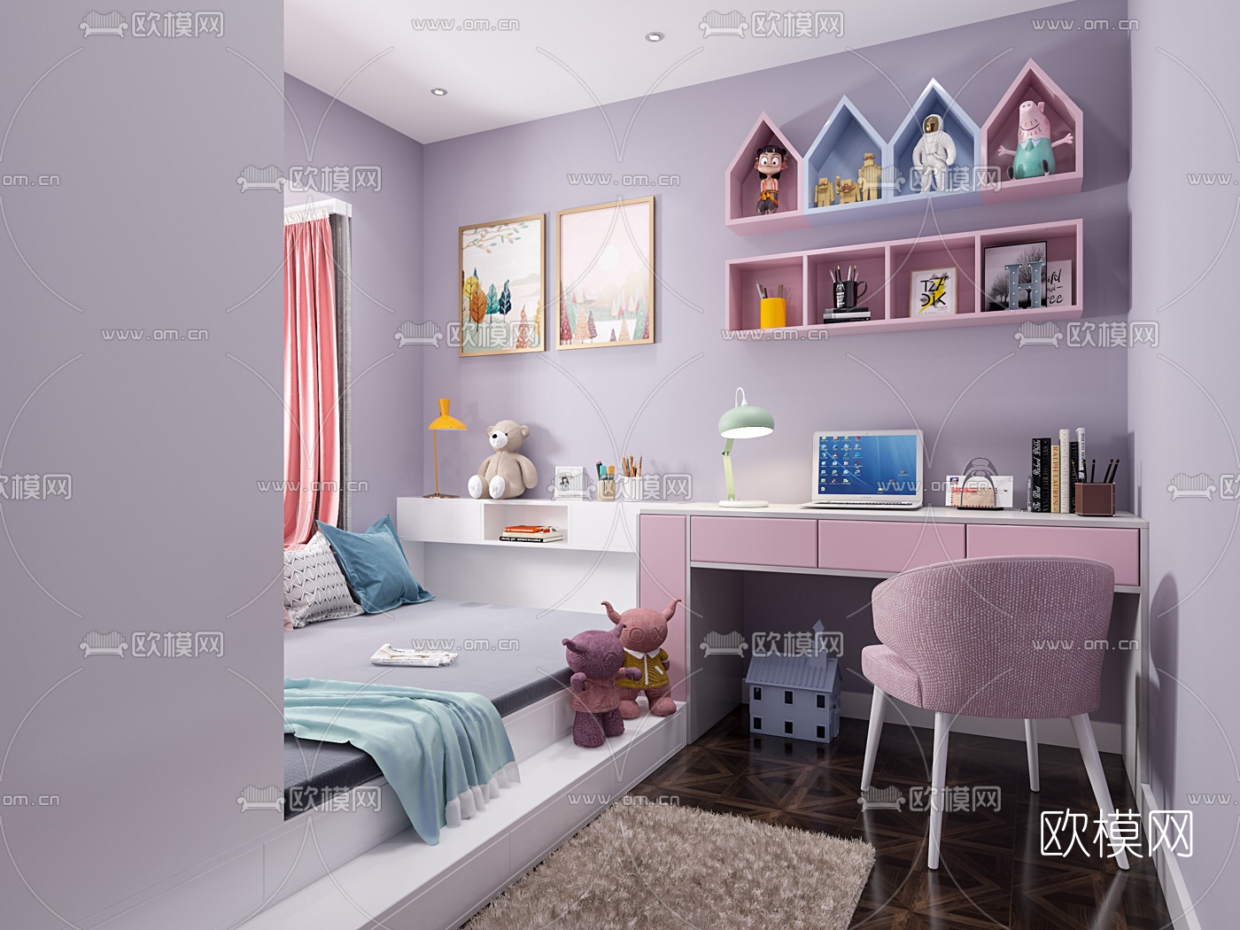现代榻榻米卧室儿童房3d模型下载（渲染图1）