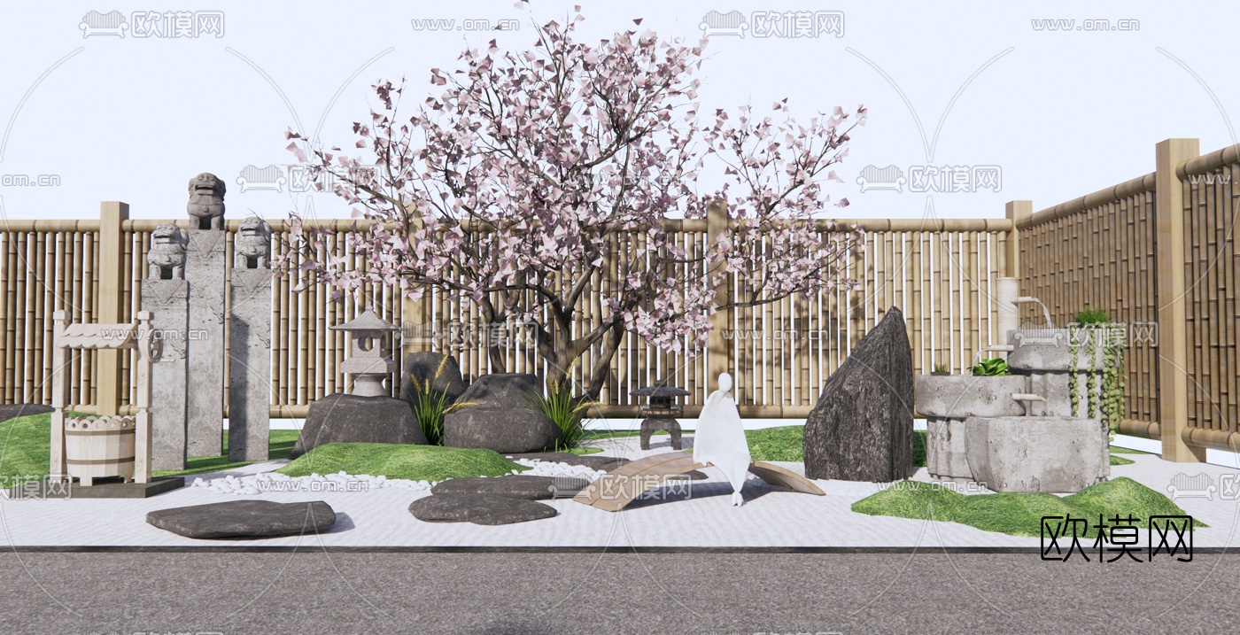 日式枯山水庭院景观su模型下载（渲染图1）