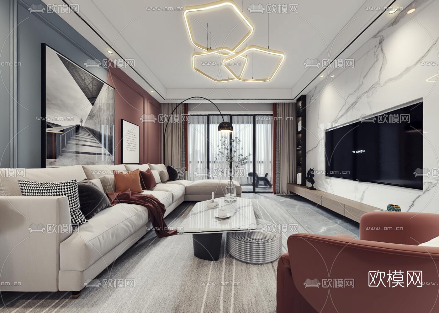 现代轻奢客厅餐厅vr全景3d模型
