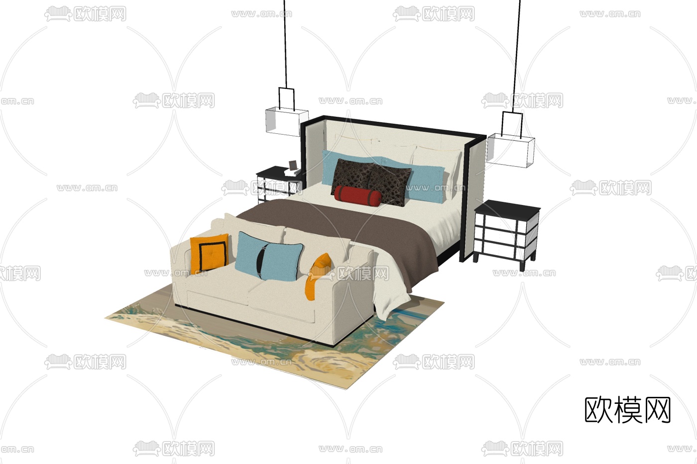 现代布艺双人床su模型下载