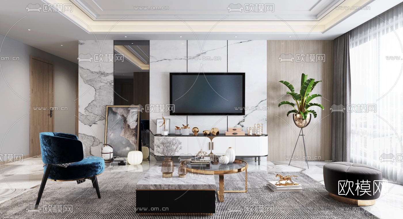 现代轻奢客厅餐厅3d模型