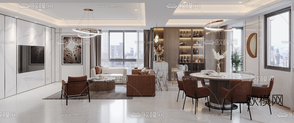 现代轻奢客厅餐厅3d模型下载(渲染图1)