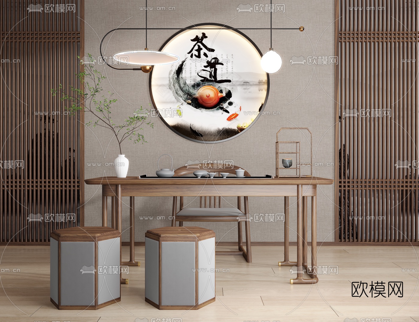 新中式实木茶桌椅3d模型