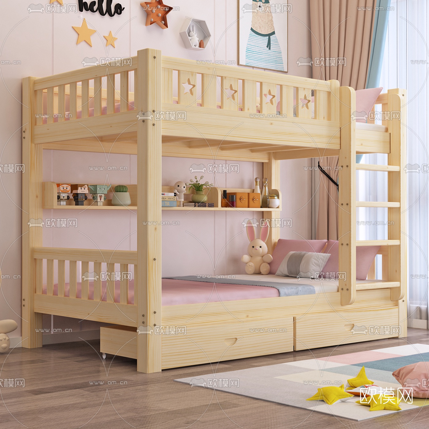 现代原木上下铺儿童床3d模型下载