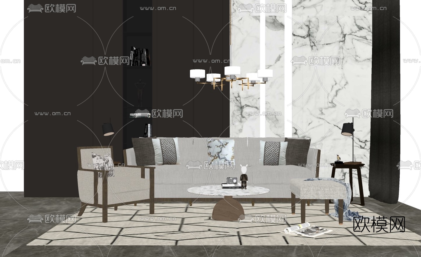 新中式布艺沙发组合su模型下载