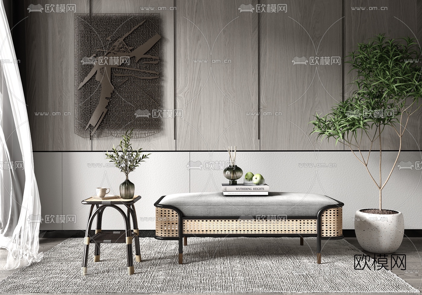 现代藤编床尾凳脚踏边几3d模型下载