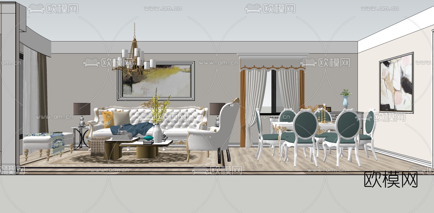 简欧客厅餐厅su模型下载（渲染图2）