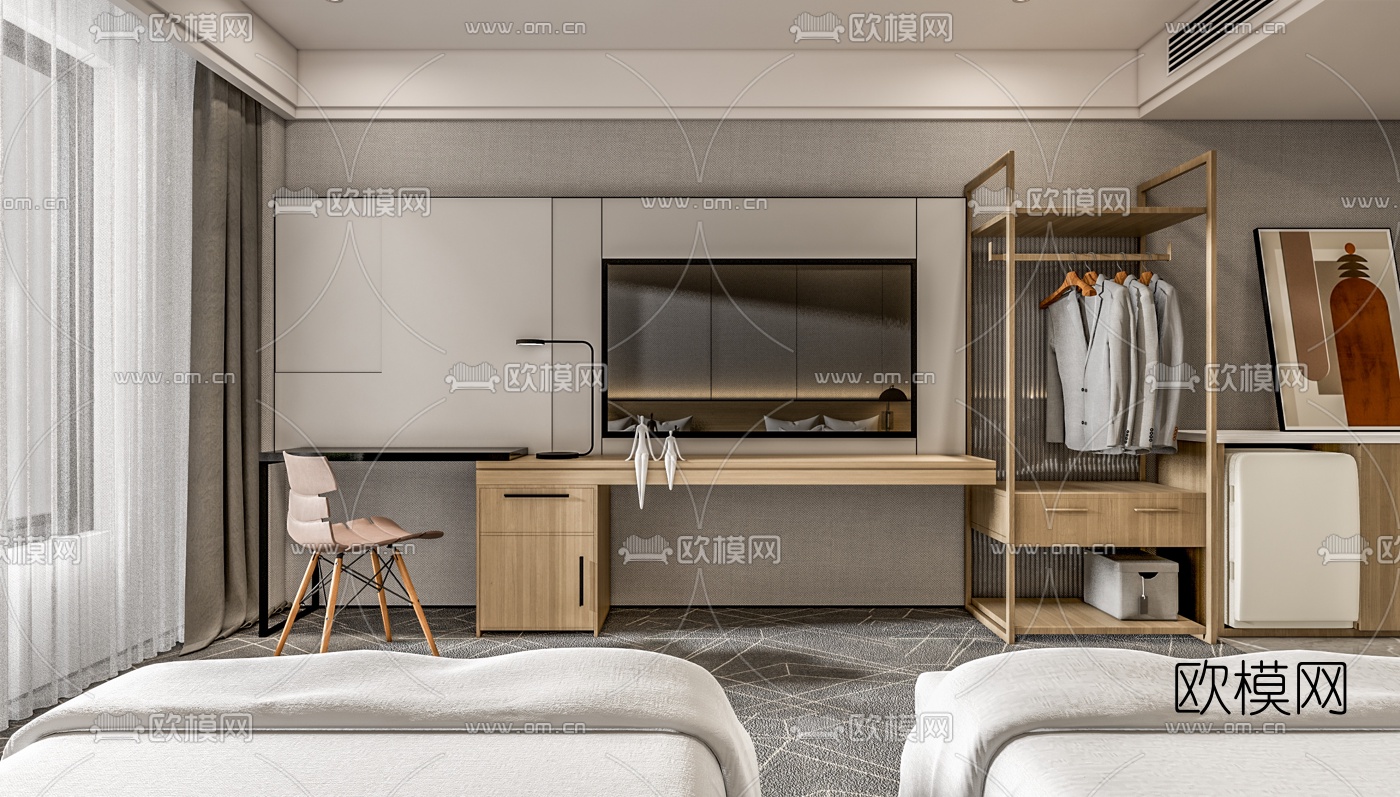 现代酒店客房su模型下载（渲染图1）