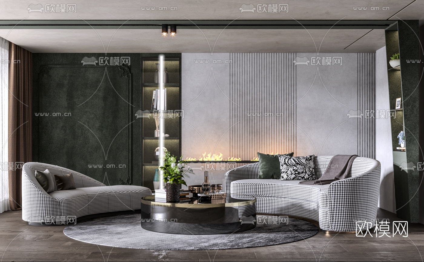 现代布艺弧形沙发组合3d模型-免费3dmax模型库-欧模网