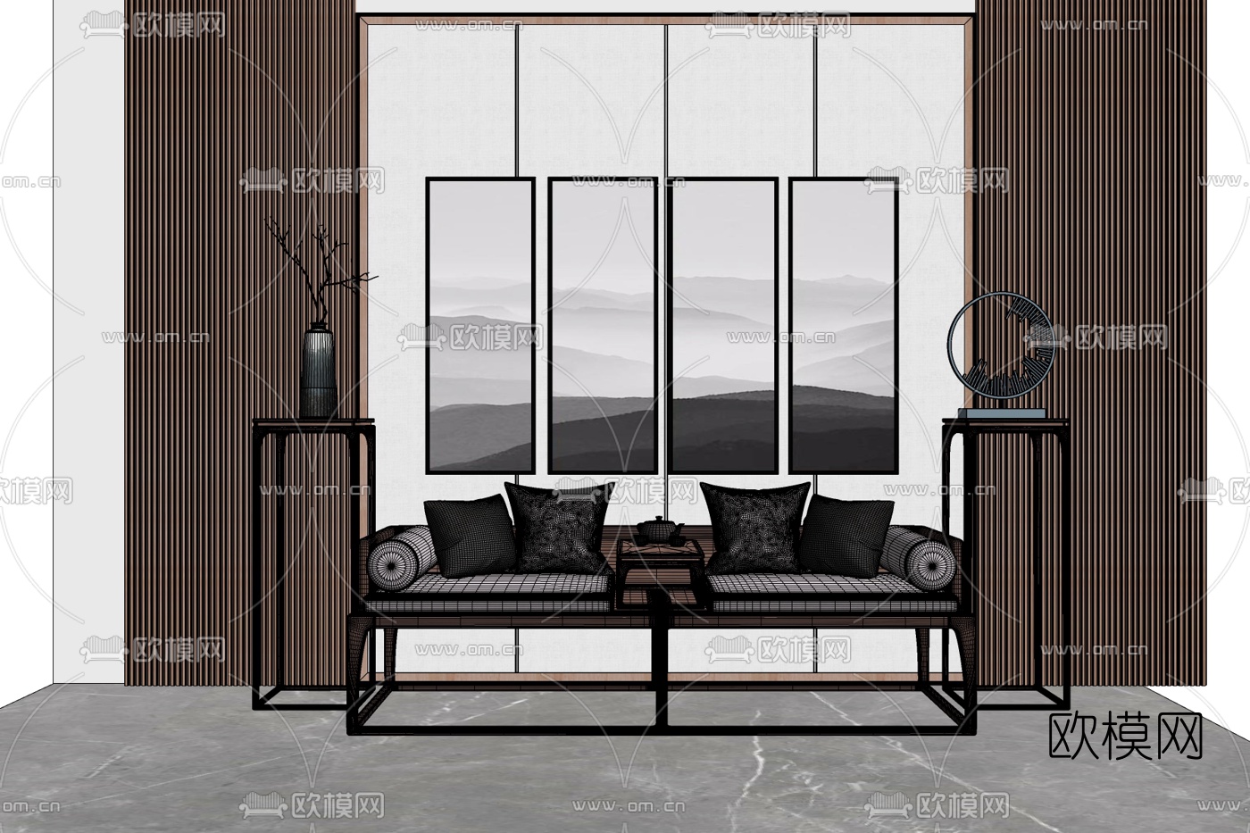 新中式布艺多人沙发su模型下载