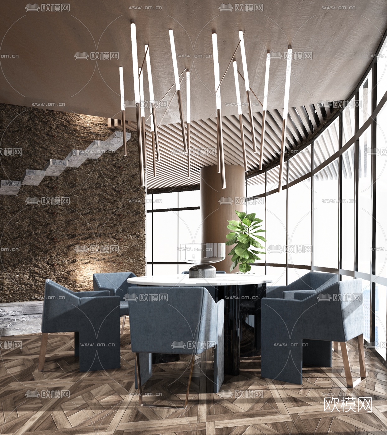 IQOSA设计 现代圆形餐桌椅3d模型下载