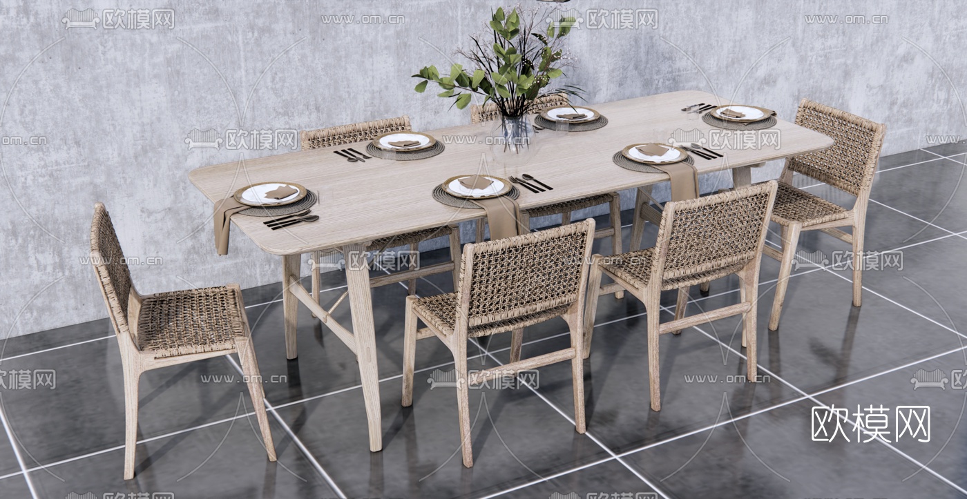 北欧实木餐桌椅su模型下载（渲染图2）