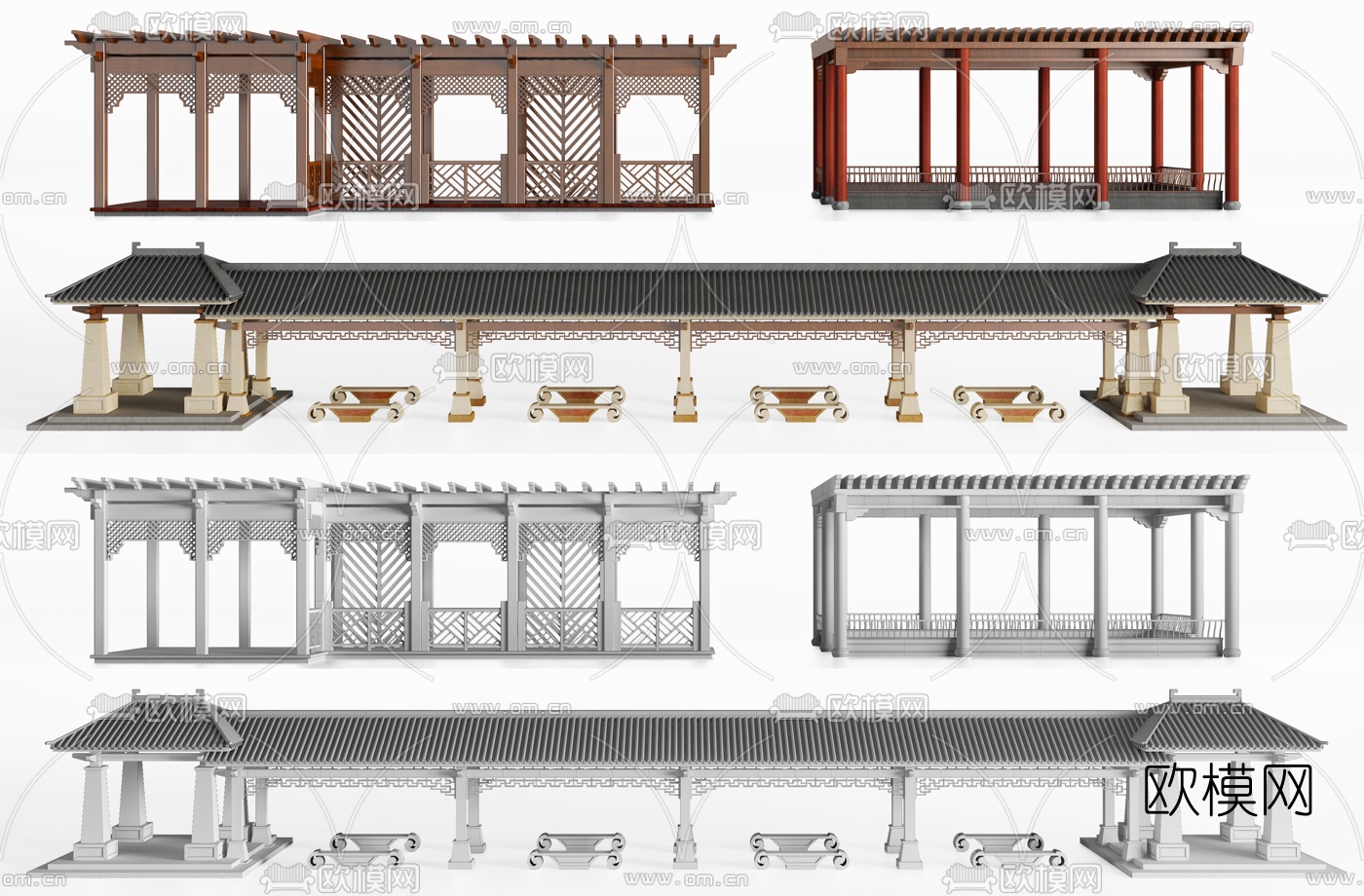 中式廊架组合3d模型下载