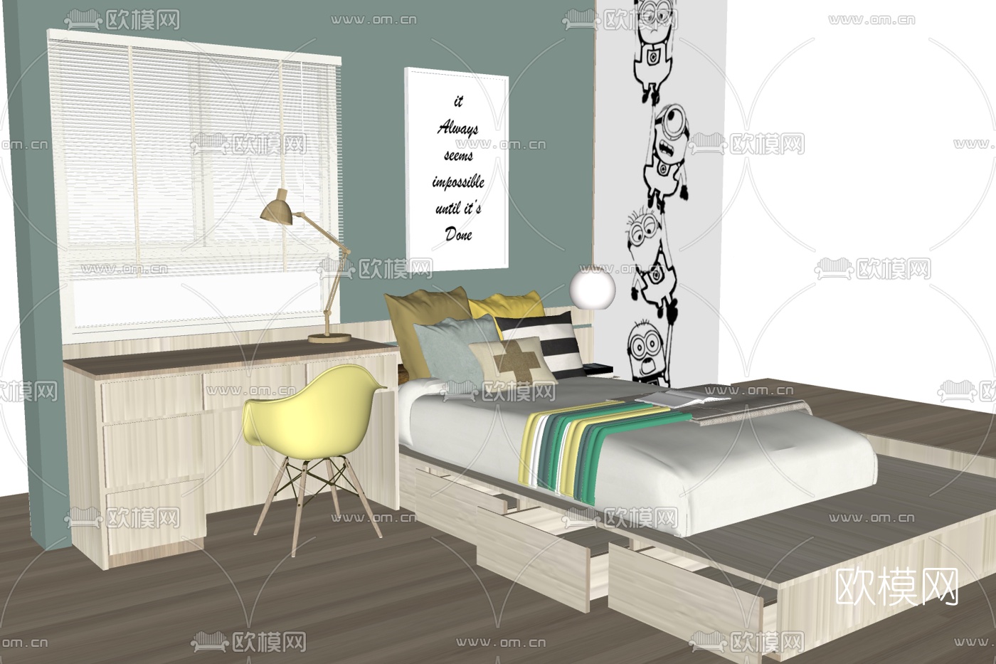 现代实木单人床su模型下载