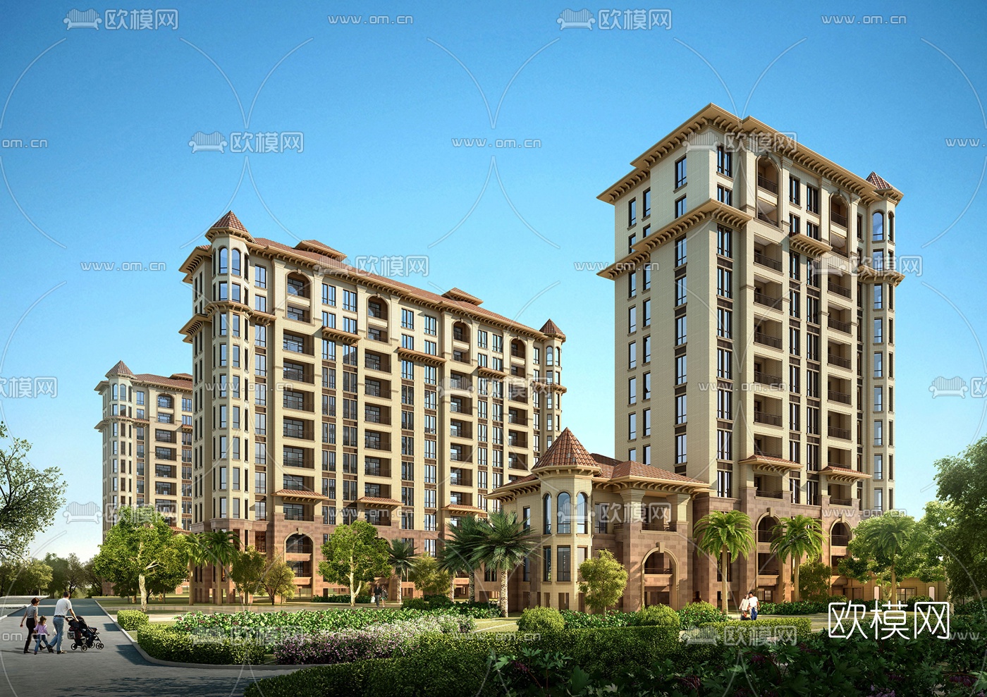 欧式高层住宅小区su模型下载（渲染图1）
