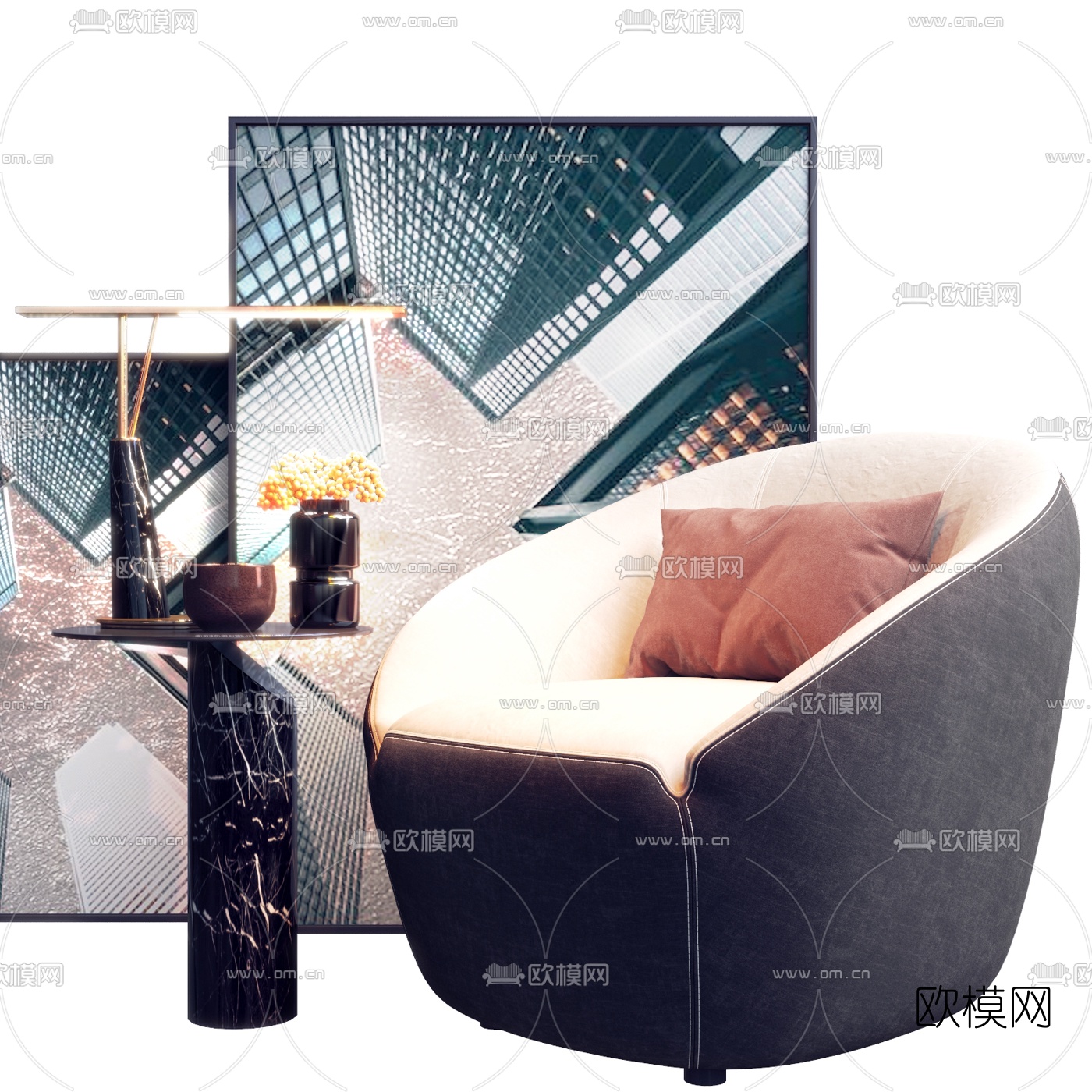 现代布艺单人沙发边几3d模型下载（渲染图1）