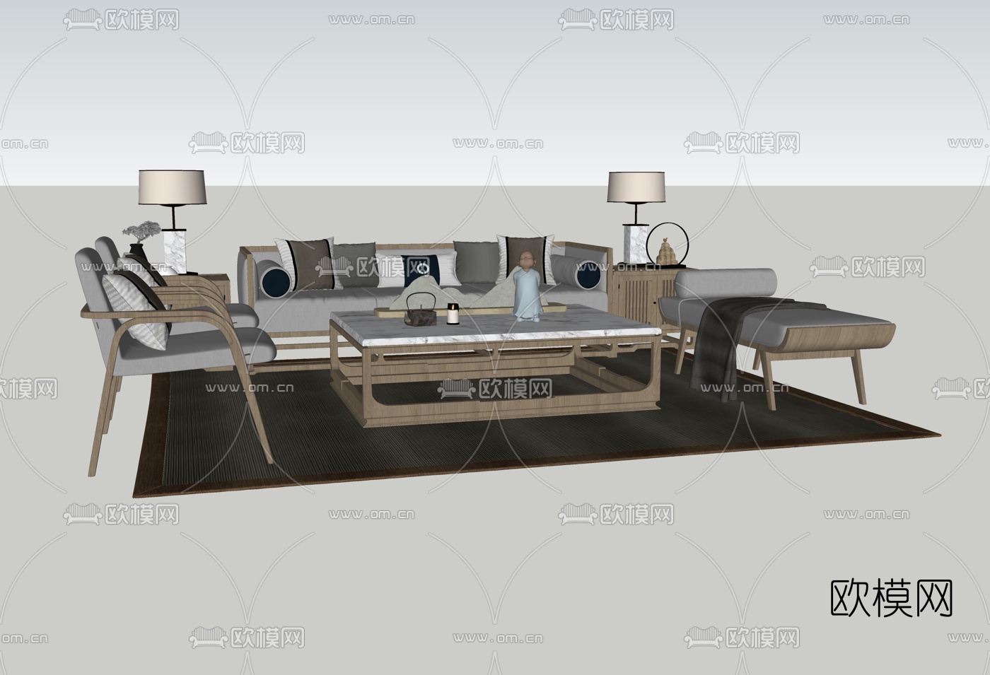 新中式实木组合沙发su模型下载（渲染图2）