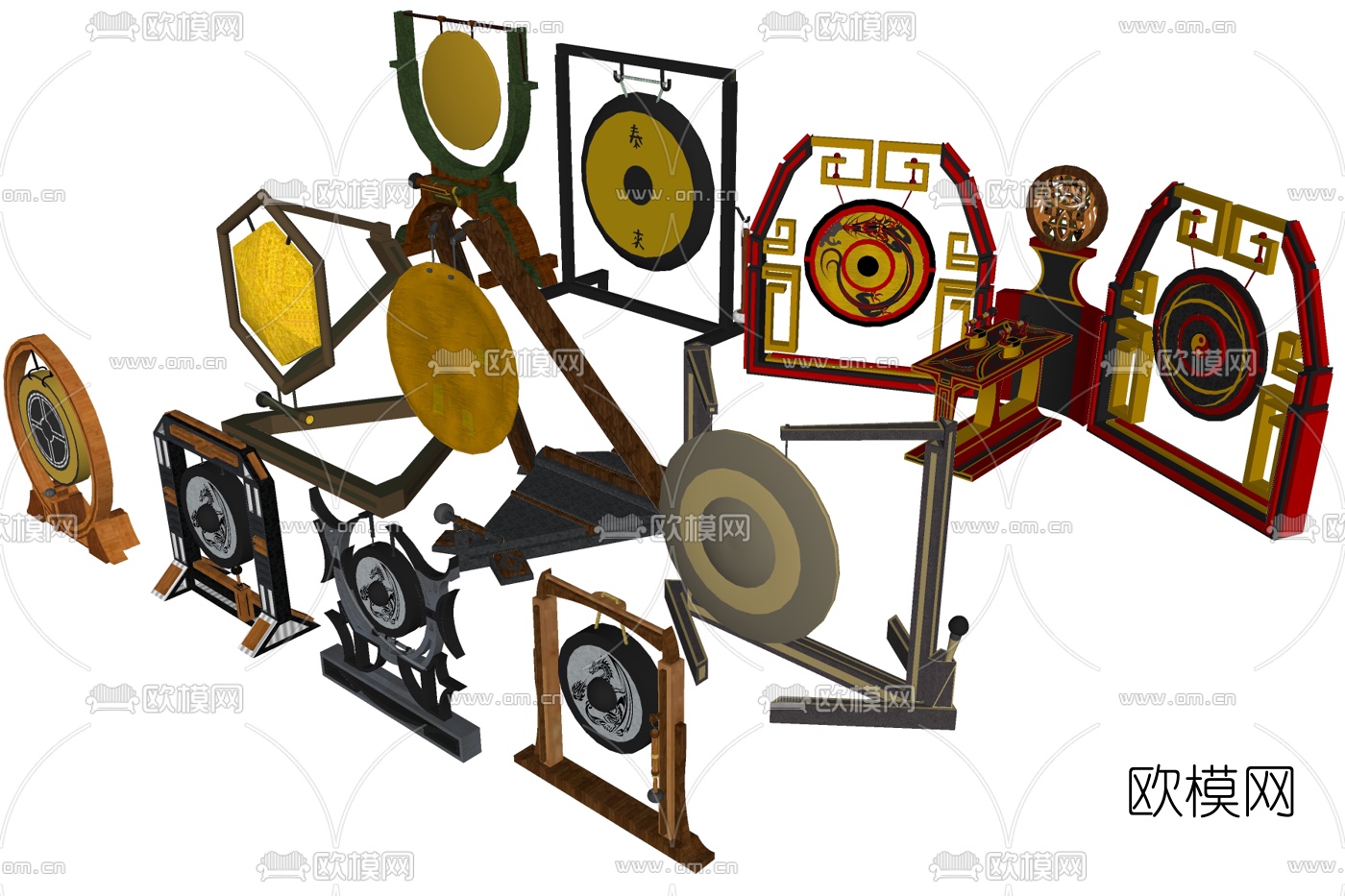 中式木鼓铜锣su模型下载