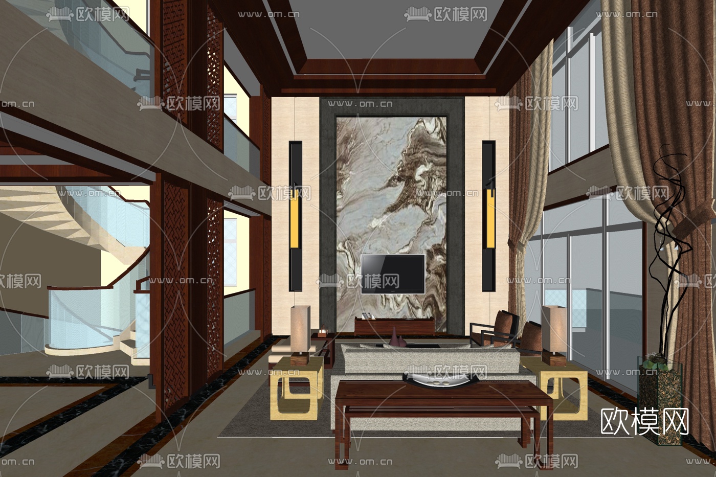 新中式别墅大堂免费su模型下载