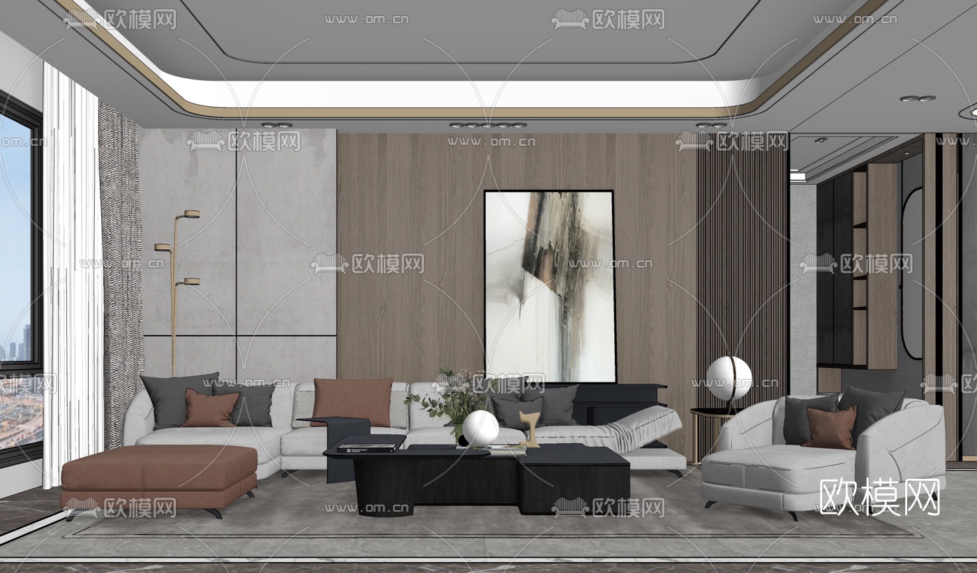 现代轻奢客厅su模型下载（渲染图2）