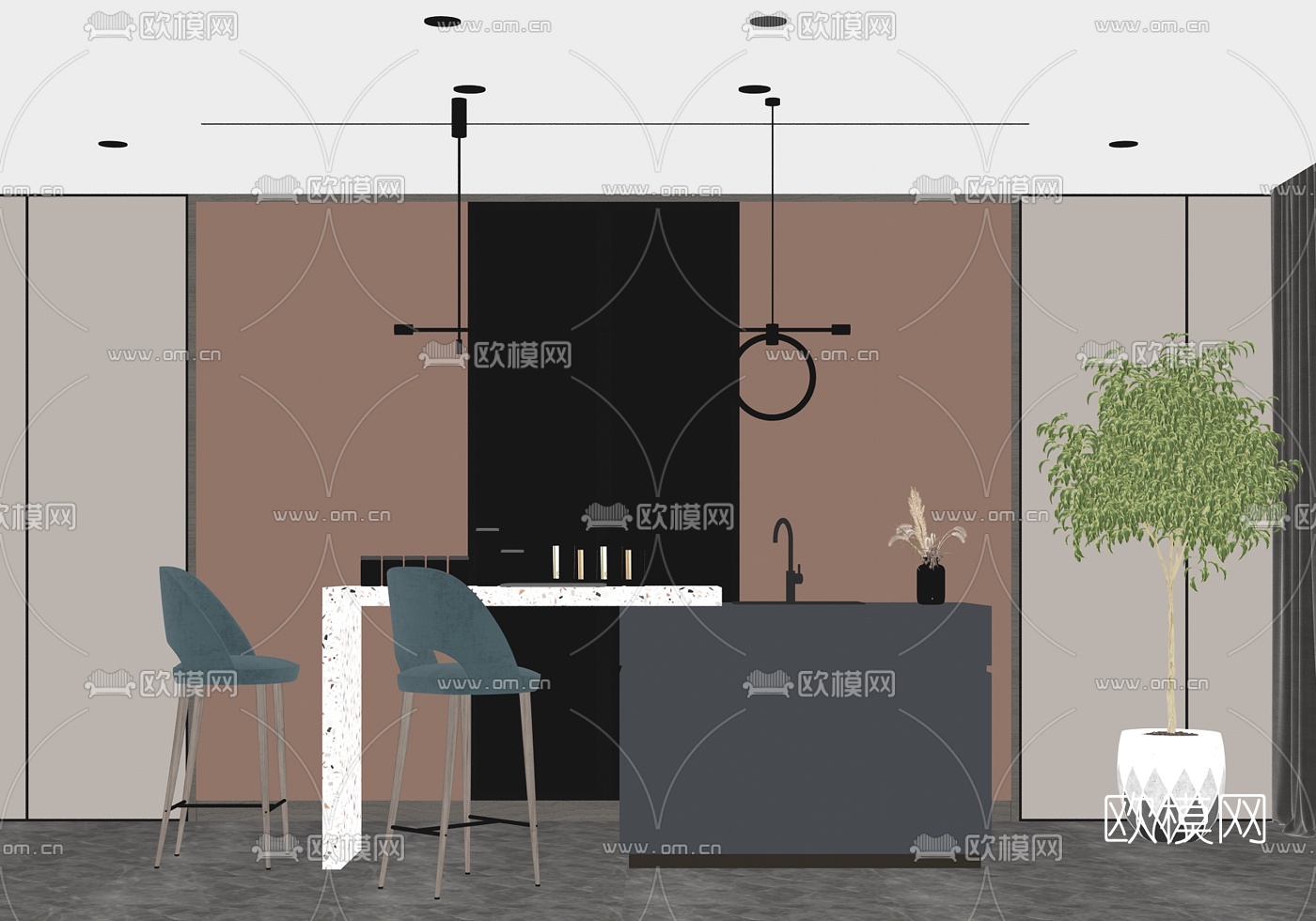 现代轻奢吧台su模型下载（渲染图2）