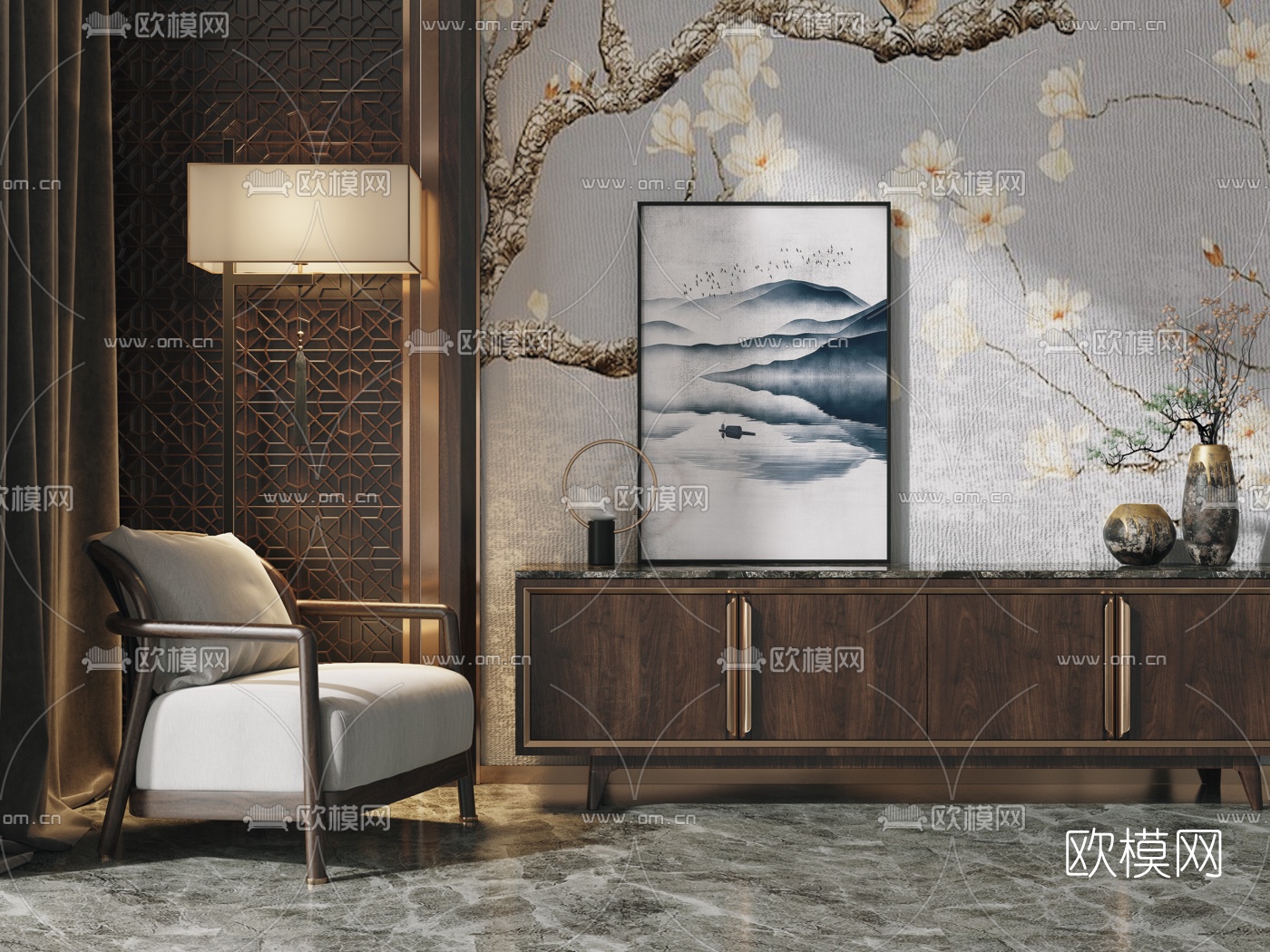 新中式实木电视柜休闲椅3d模型下载