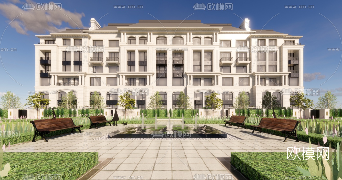 新古典高层住宅外观su模型下载（渲染图1）