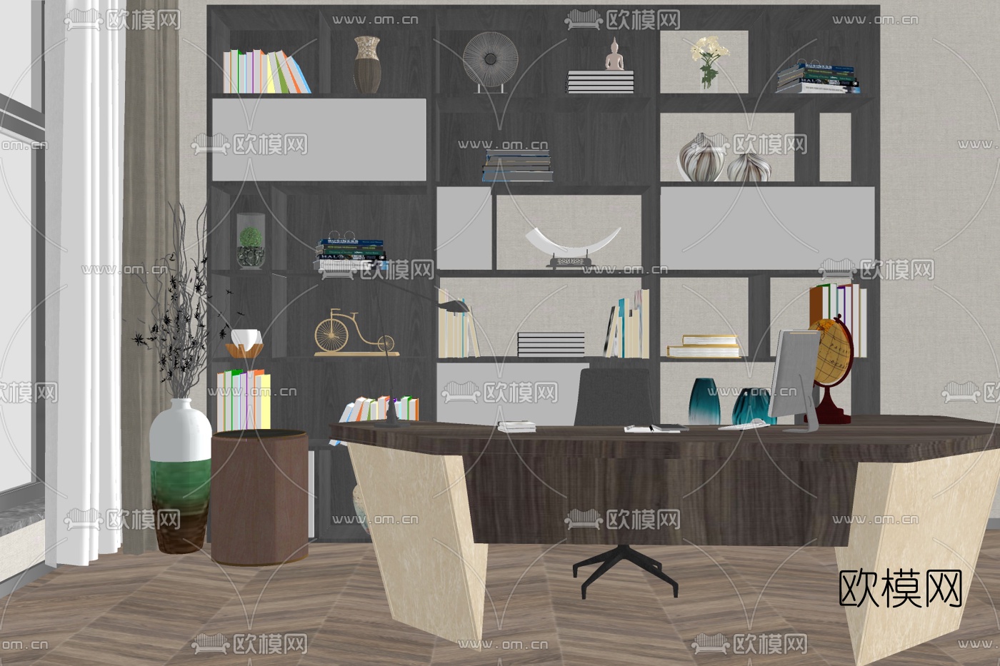 现代实木班台桌su模型下载