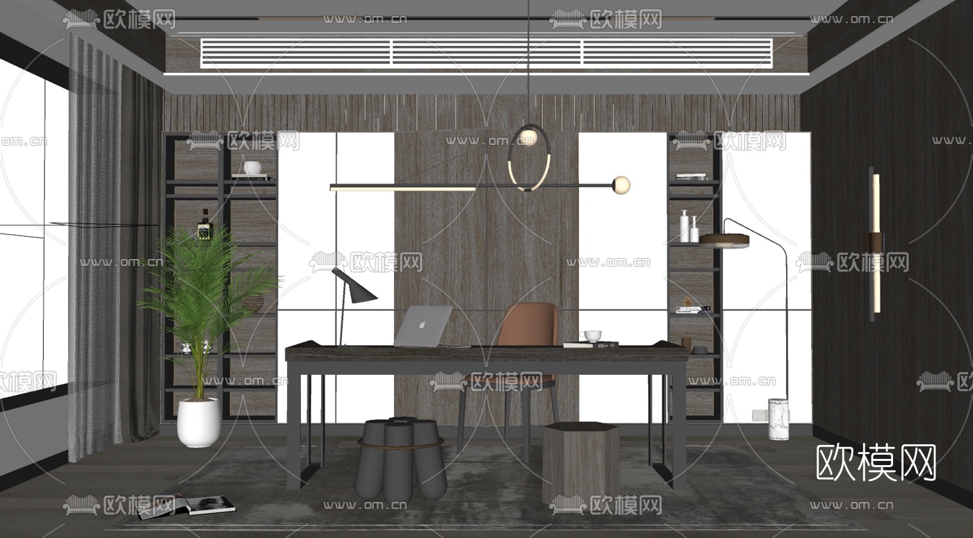 现代书房su模型下载（渲染图1）