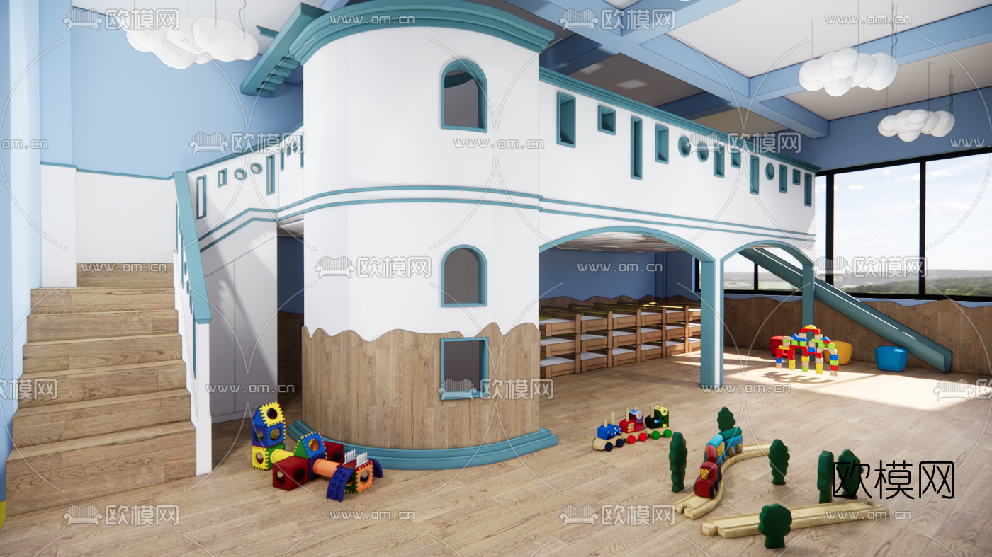 现代幼儿园城堡滑梯su模型下载（渲染图1）