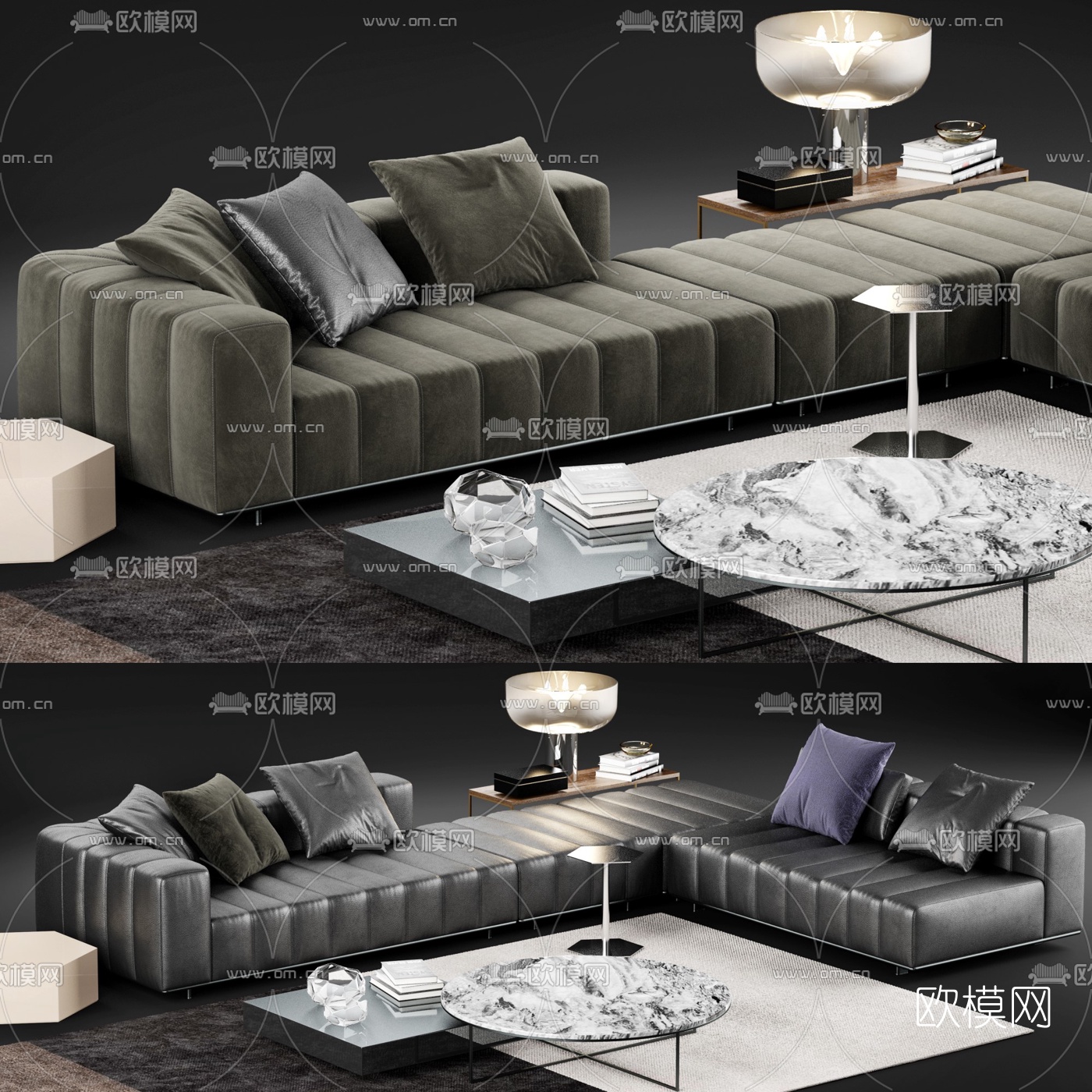 现代皮革转角沙发组合3d模型-免费3dmax模型库-欧模网
