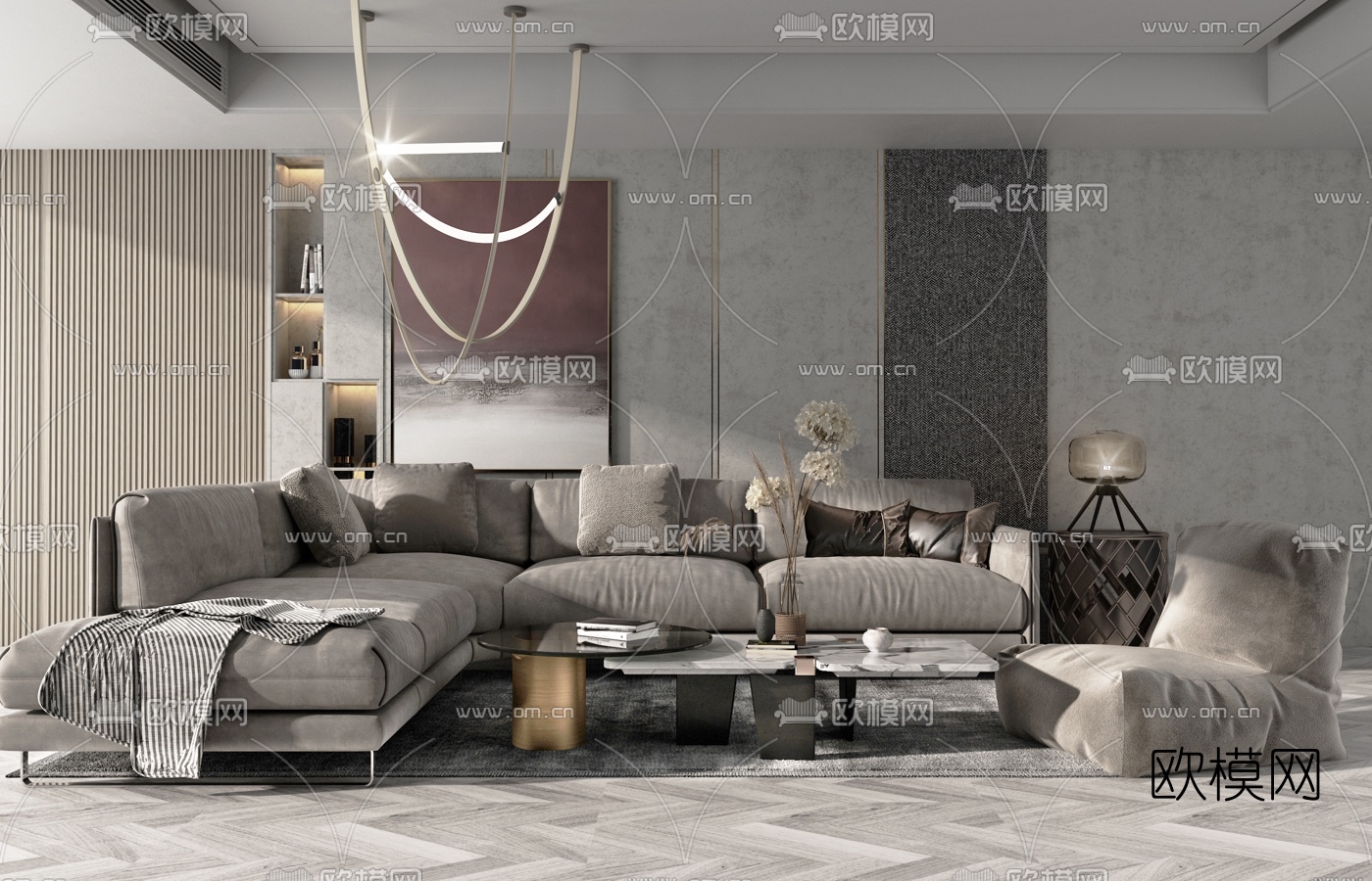 现代绒布转角沙发组合3d模型-免费3dmax模型库-欧模网