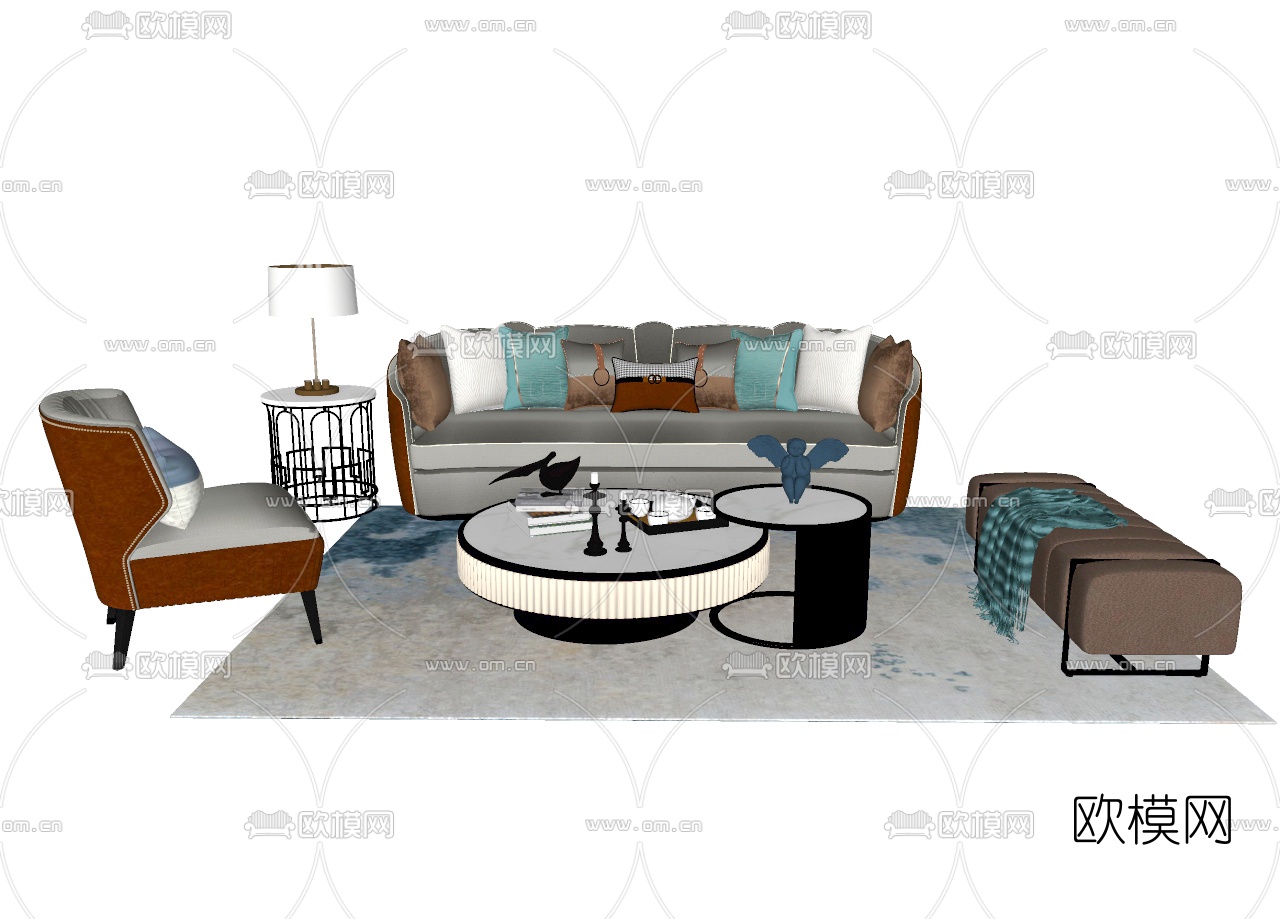 简欧布艺沙发组合su模型下载（渲染图2）