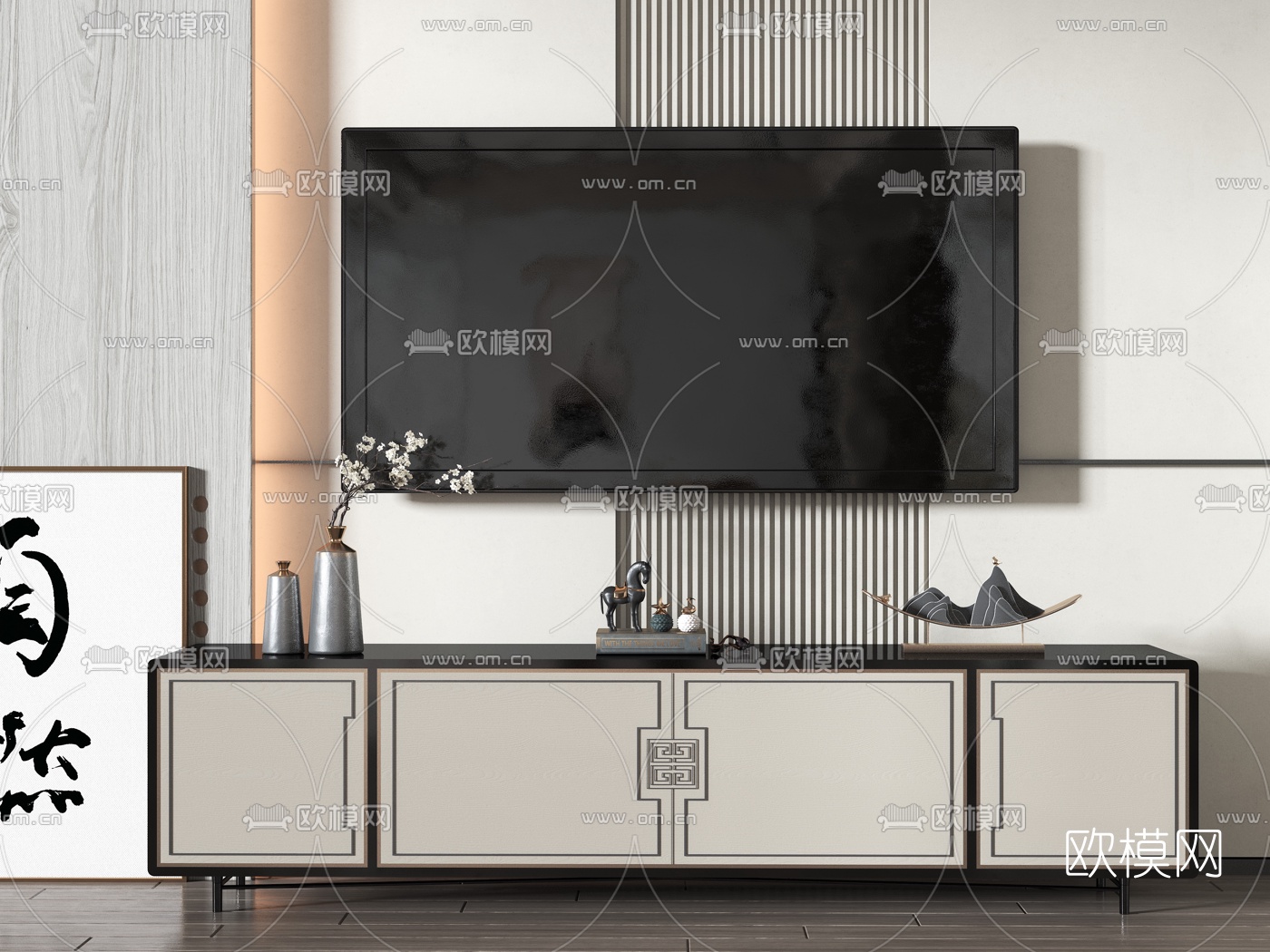 新中式电视柜3d模型下载