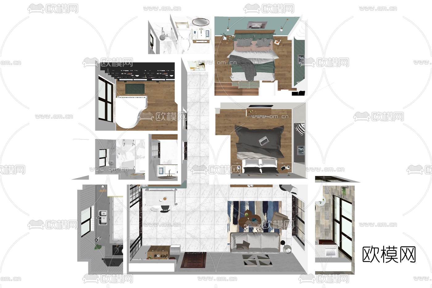 现代公寓整装免费su模型下载