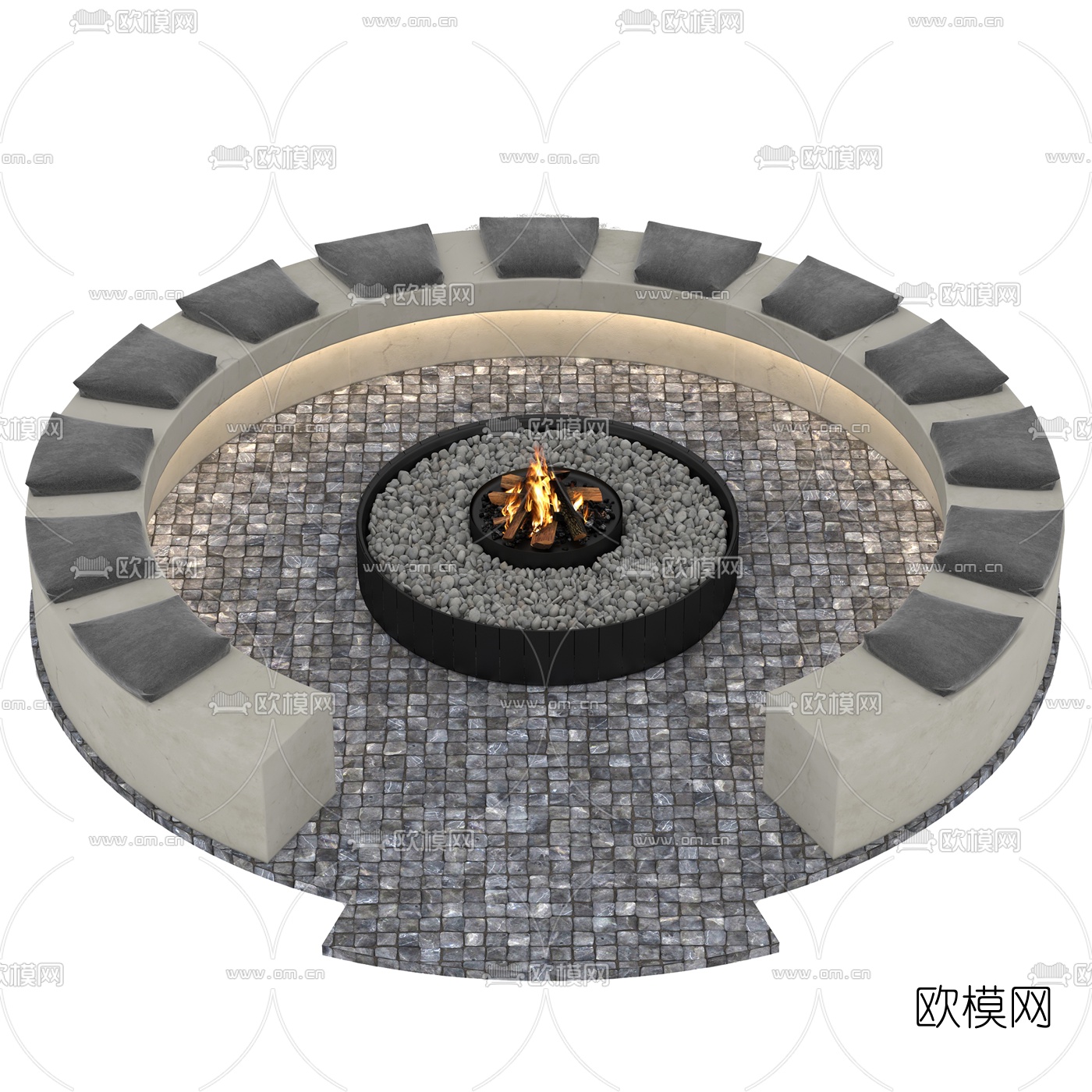 现代篝火户外圆形公共围椅3d模型下载（渲染图4）